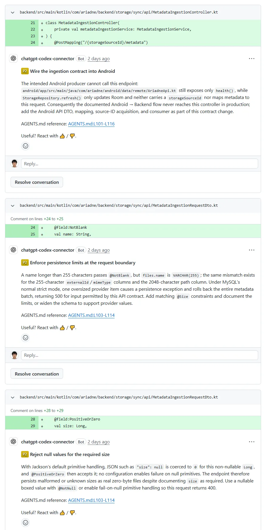 GitHub Codex Review 결과 비교